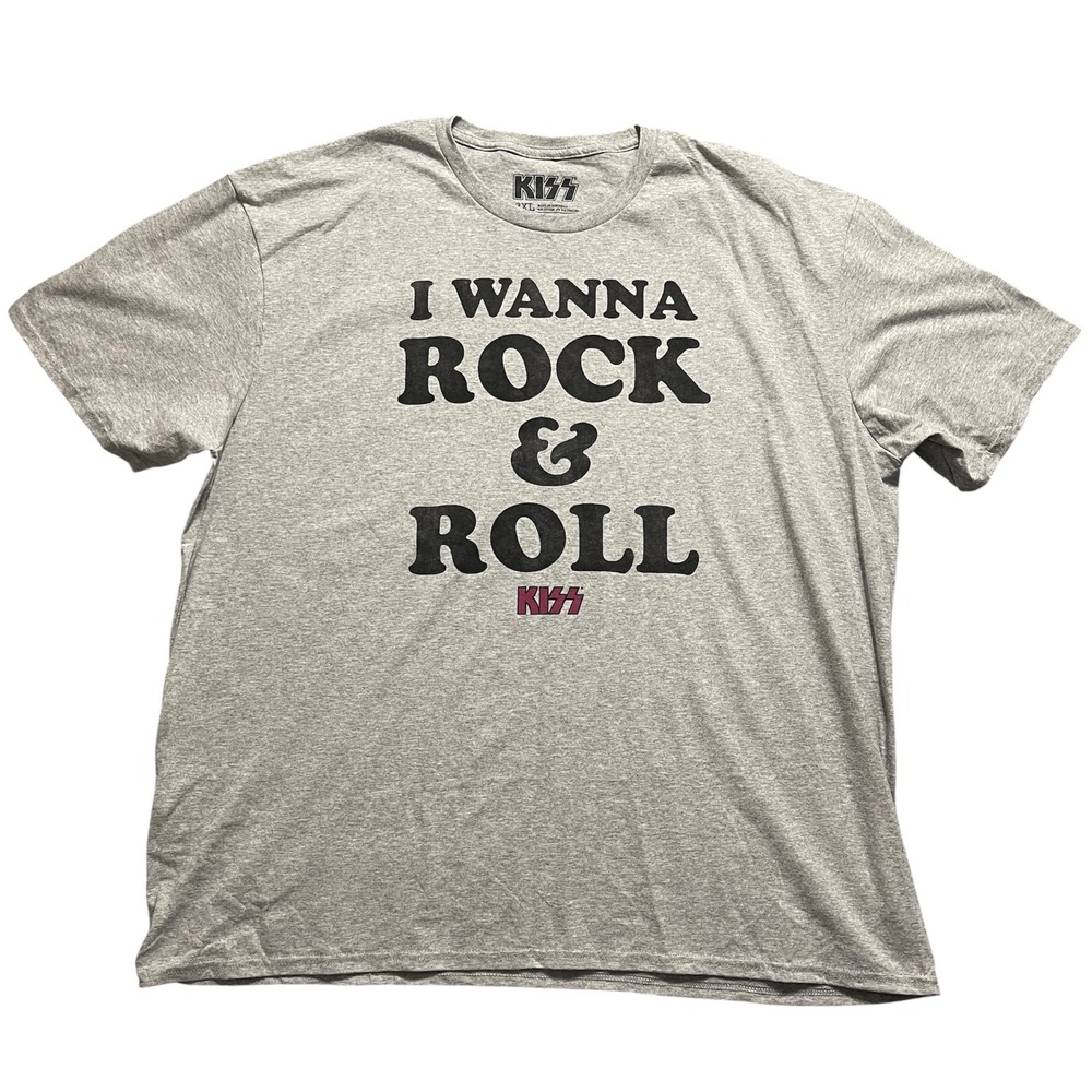 KISS T-Shirt Mens 3XL Gray I Wanna Rock & Roll Graphic Band Tee Concert Metsl